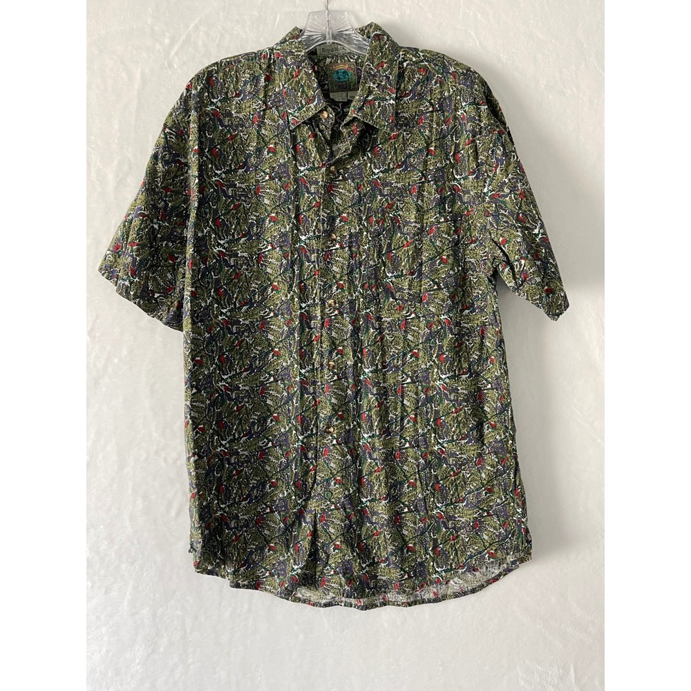 Royal Robbins Mens Large Green Abstract Nature Print Short Sleeve Cotton Shirt